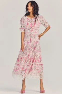 LoveShackFancy Carmie Victorian Midi Dress - MAGENTA FLOWER FIELDS